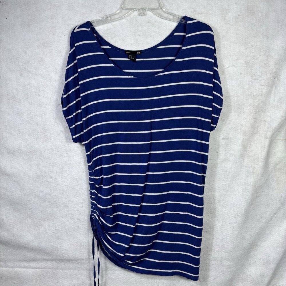 Mama Maternity Top Shirt Blue White Stripe Medium Ruched